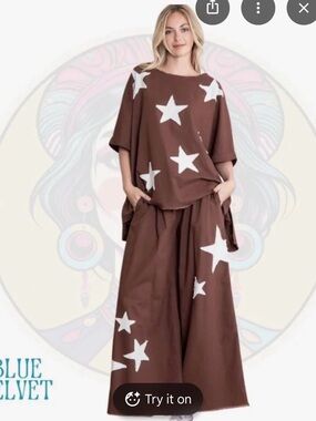 Blue Velvet Brown Star-Print Wide Leg Pants & Matching Top